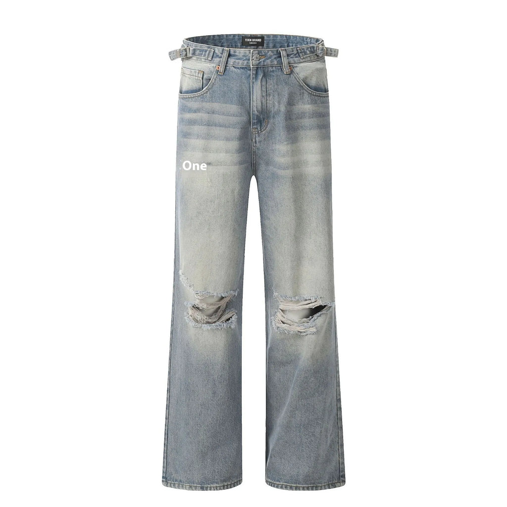 Blue men's straight-leg jeans with ripped details and a zipper fly, showing retro style.