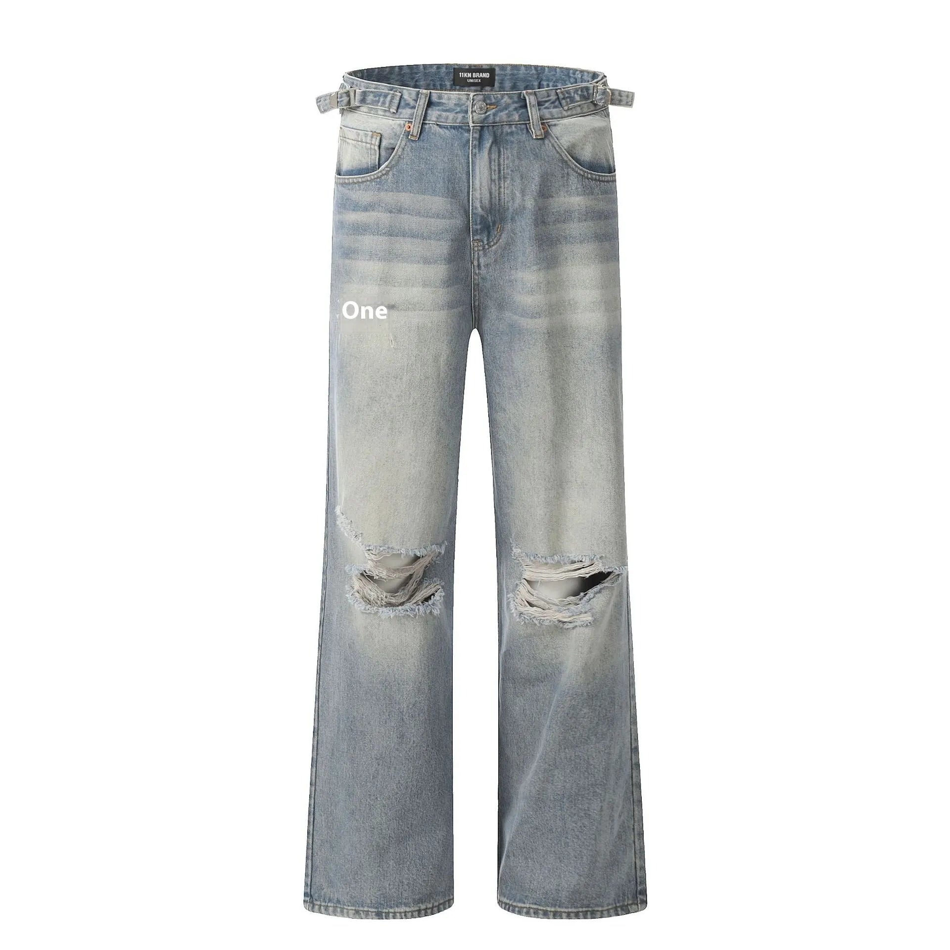 Blue men's straight-leg jeans with ripped details and a zipper fly, showing retro style.