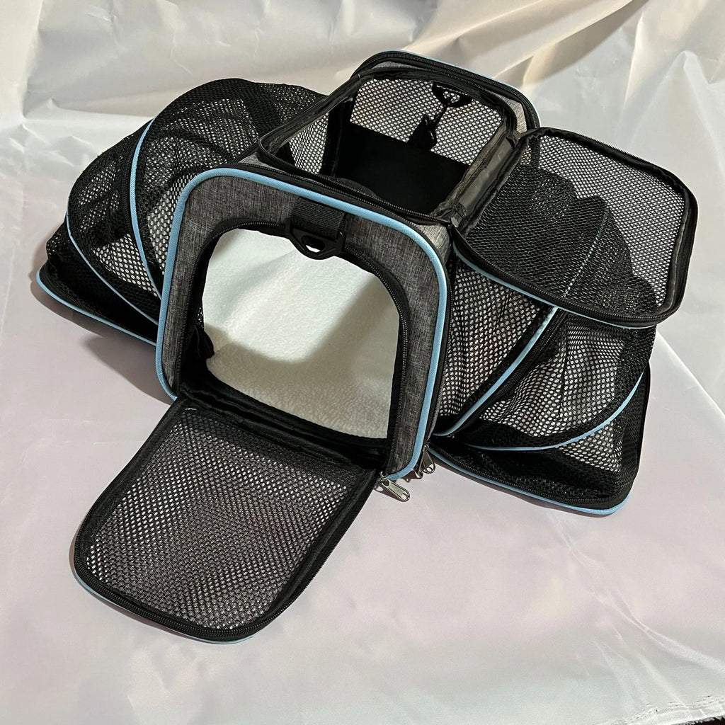 Cat carrier bag in black or grey with colour piping, made from 600D cation fabric
