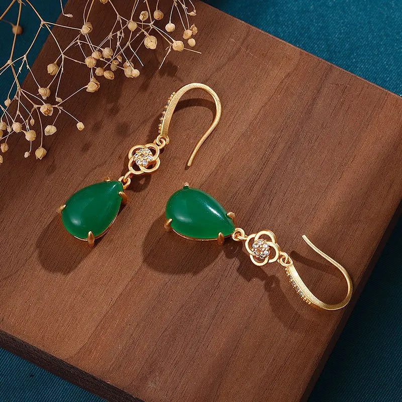 Gold-plated alloy drop earrings with Water Drop Jasper jade, unisex Chinese style for Hanfu and cheongsam