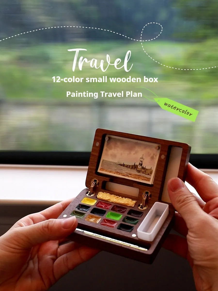 Mini walnut wooden watercolour paint box travel art set with pigment selection options