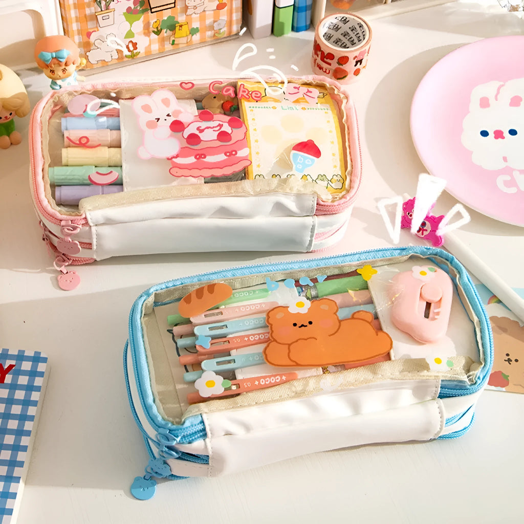 Transparent TPU pen bag with Japanese rabbit heart design in pink or red colour options