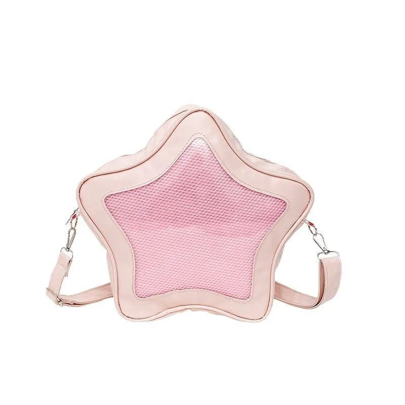 Large capacity nylon shoulder bag with transparent sandwich pocket and contrast colour detailing in fresh sweet style