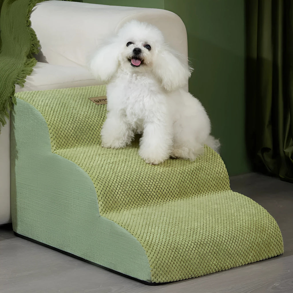 Brown foam pet ramp stairs with non-slip surface on a carpeted floor