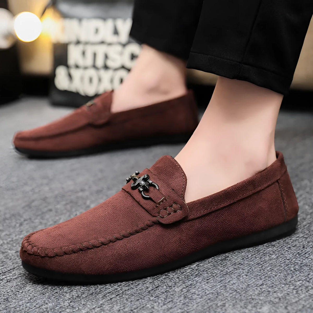 Men's black waterproof slip-on loafers with round toe and rubber sole