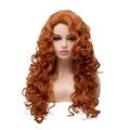 Brown long wavy curly synthetic wig for cosplay on a wig head.