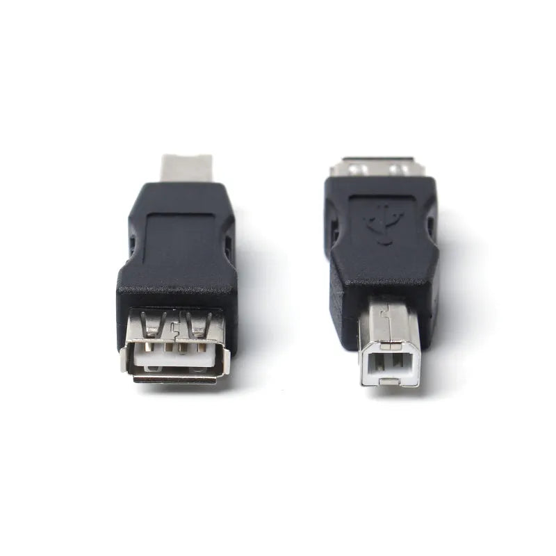 Black USB female to printer male adapter cable with injection-moulded connectors for data transfer