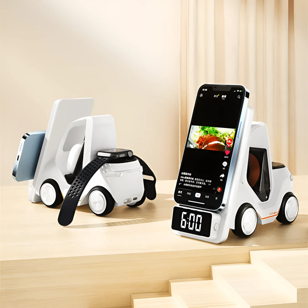 15W three-in-one wireless charging bracket in a choice of colours, charging a smartphone, earbuds, and smartwatch.