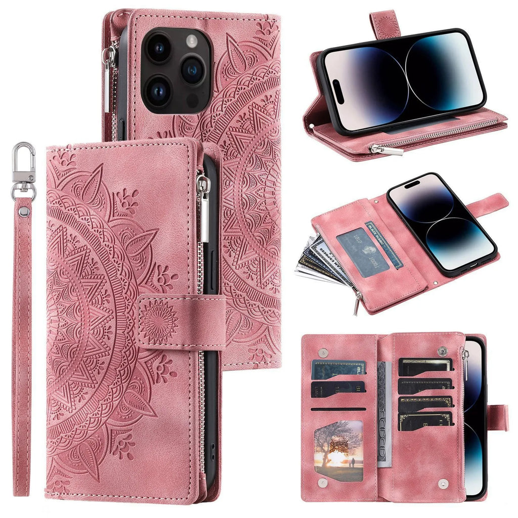 Multi-card embossed totem PU leather zipper bag phone case for iPhone, flip style, black, with card slots and zipper compartment.