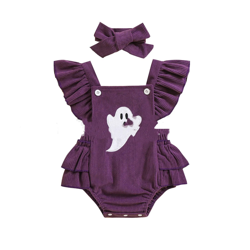 Purple baby Halloween toddler carrier towel jumpsuit with embroidery and headband for girls 70-100cm