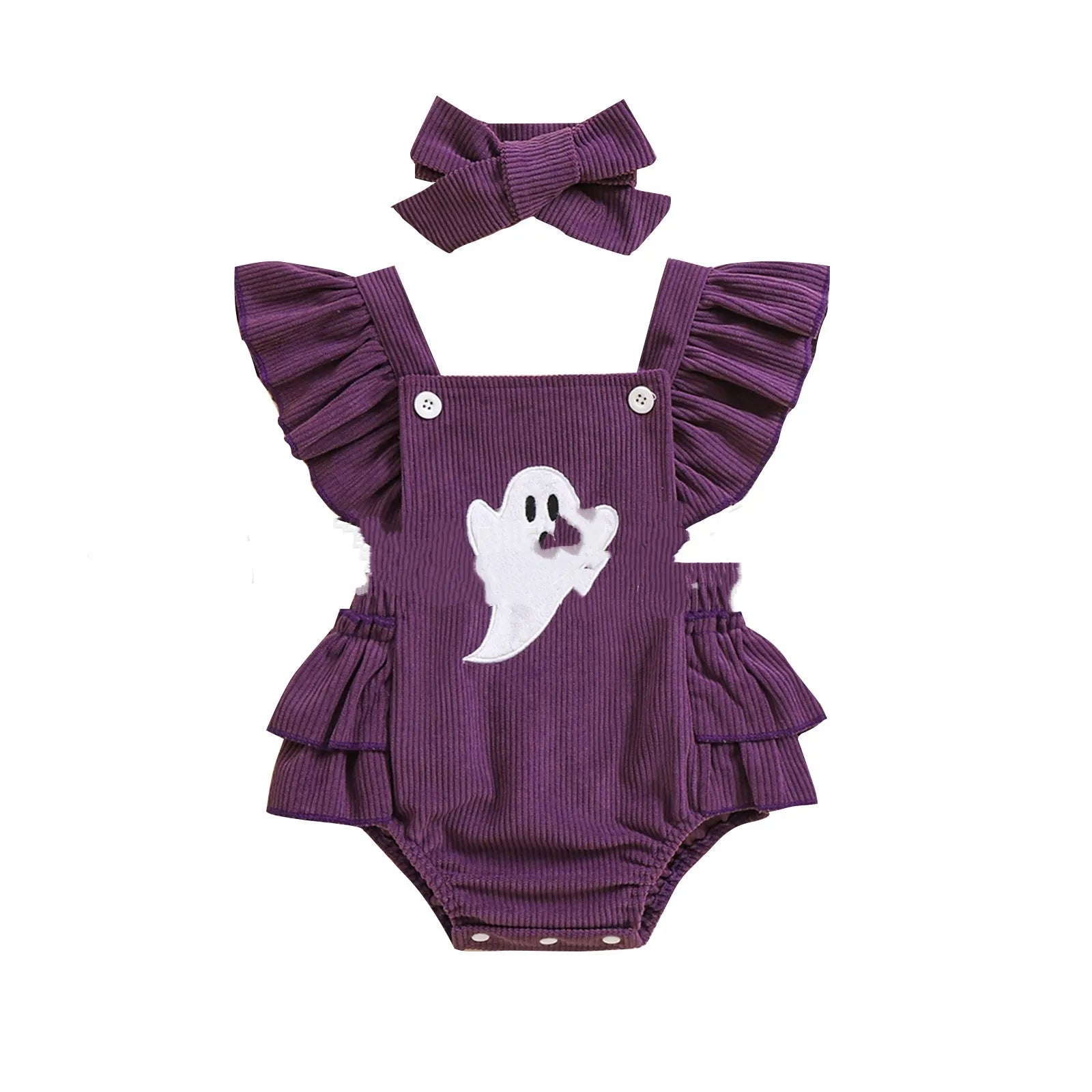 Purple baby Halloween toddler carrier towel jumpsuit with embroidery and headband for girls 70-100cm
