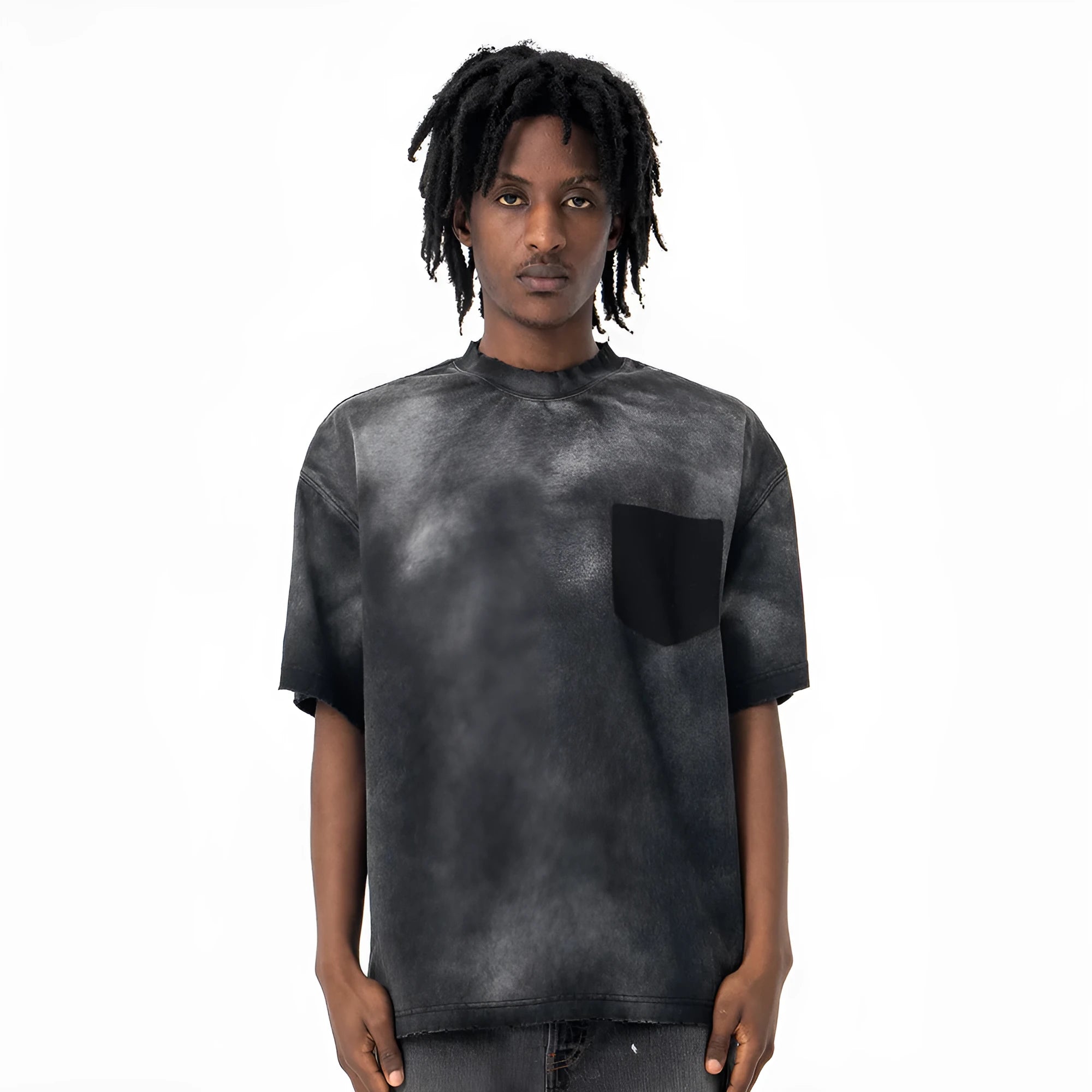 Men's black cotton T-shirt with printed letter pattern and drop-shoulder sleeves