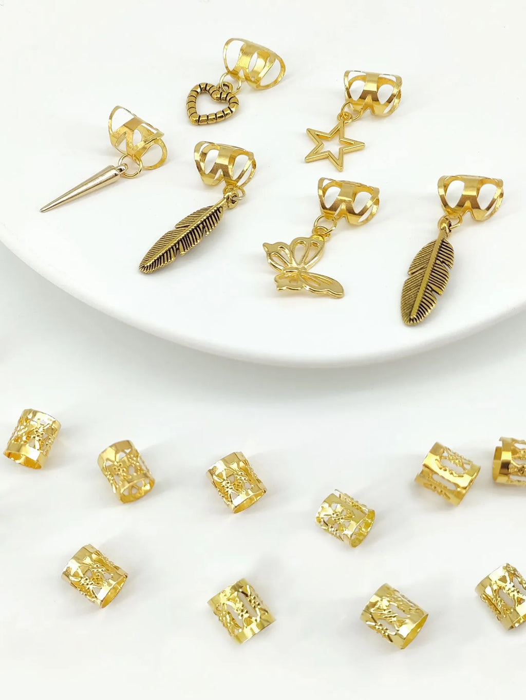 Antique style dirty braid hair rings in electroplated alloy, 26 pieces per pack in gold or silver