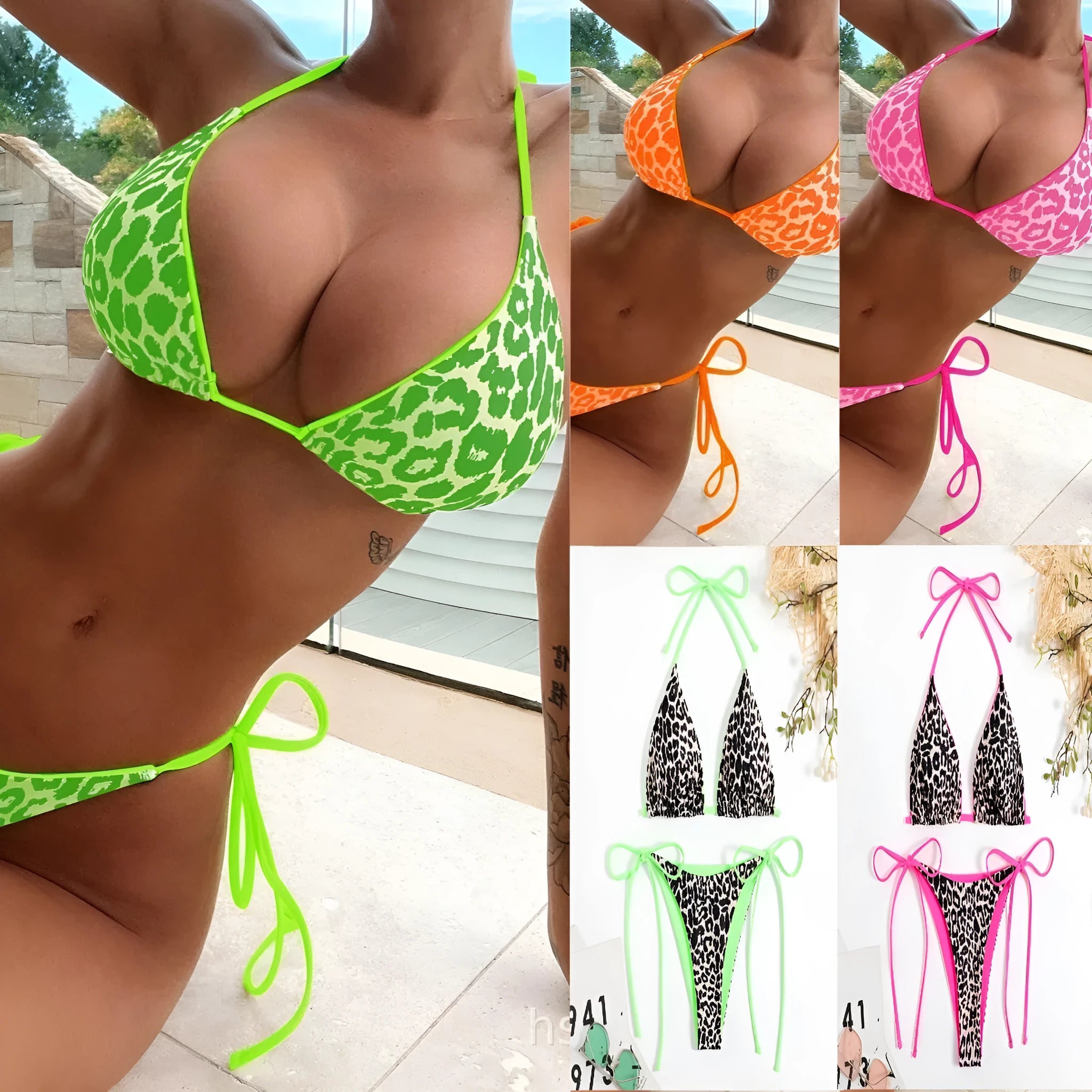 Women's lace-up triangle split bikini in polyester fabric showing front design with adjustable elements