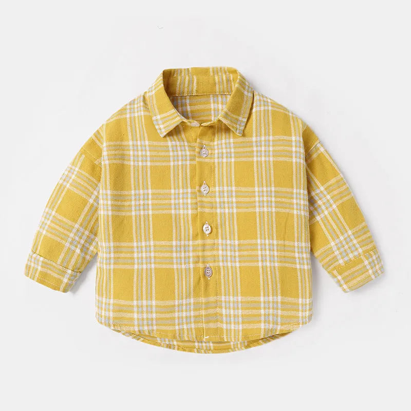 Boys' cotton lattice pattern shirt in khaki, light blue, pink or yellow with animal cartoon prints