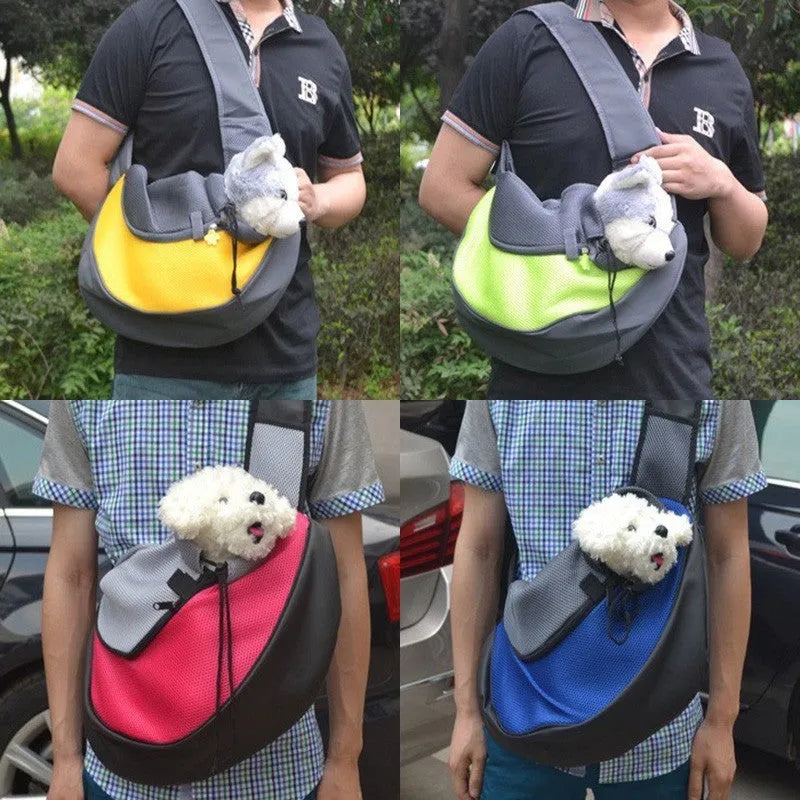Polyester pet backpack carrier in blue colour with mesh windows and adjustable straps