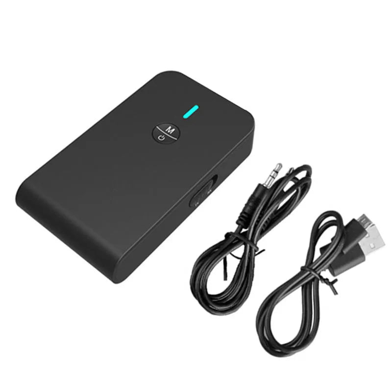 Black Bluetooth 5.0 audio adapter with a 3.5mm plug and external power supply