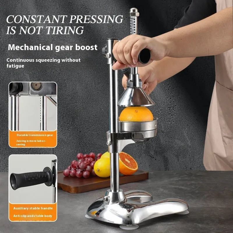 Vertical manual stainless steel juicer with zinc alloy body available in multiple colours and head styles for fruit extraction