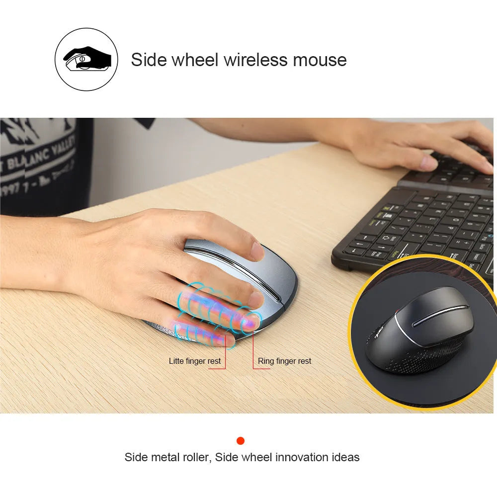 T32 black and silver wireless vertical ergonomic mouse with side aluminium roller.