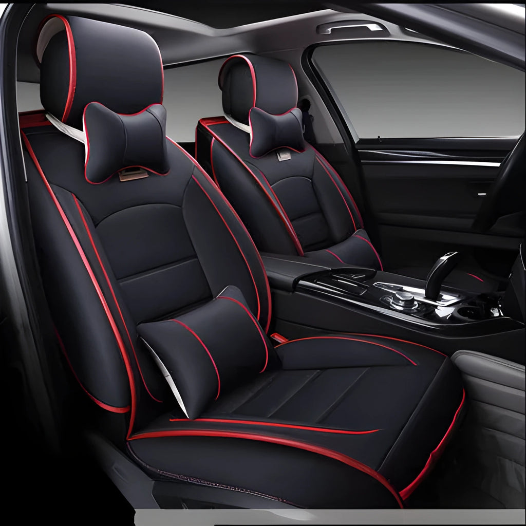 Five-seat leather car seat cushion cover set with cotton filler, shown in beige, black, brown and red options