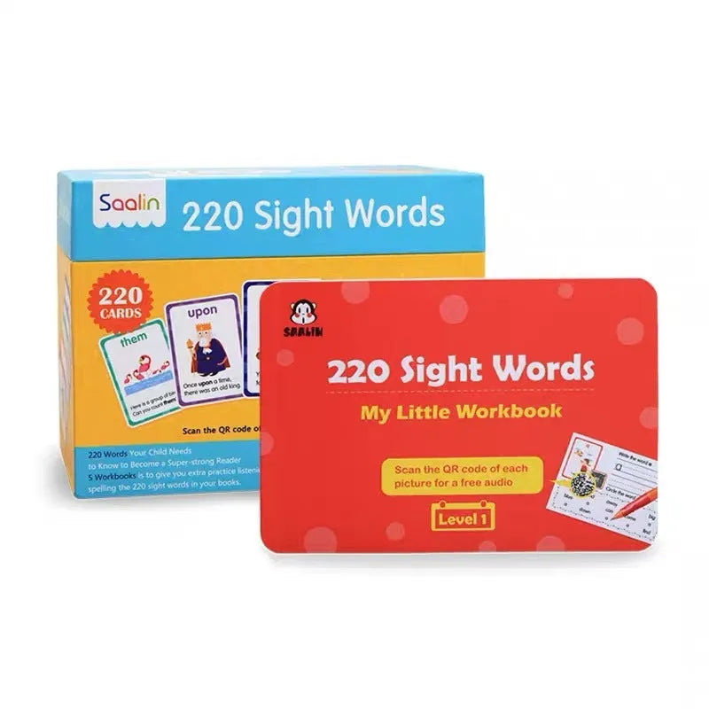 High frequency word card gift box set with 220 game cards and 5 workbooks for early phonics learning.