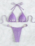 Women's leopard print bikini set with T-shaped design in polyester spandex fabric