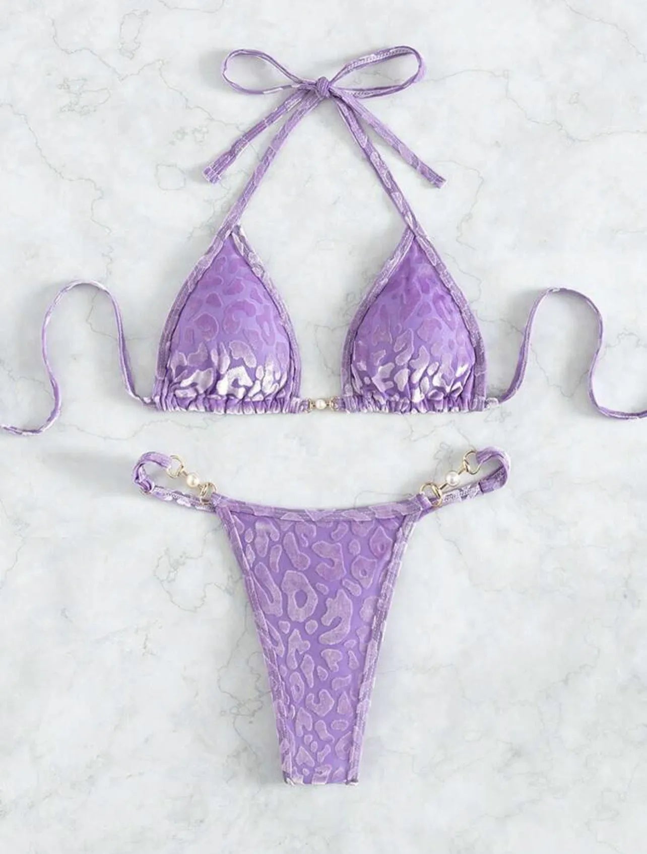 Women's leopard print bikini set with T-shaped design in polyester spandex fabric