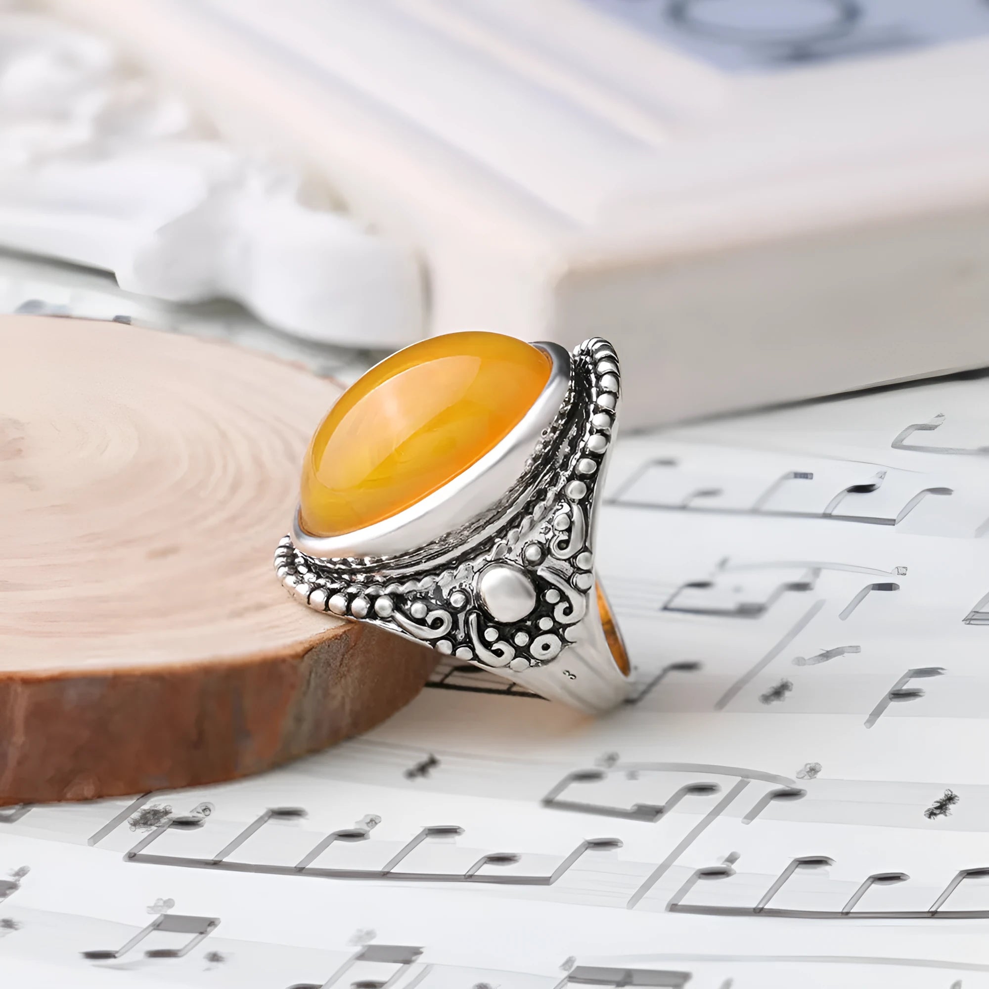 Alloy ring with antique silver amber electroplated finish and geometric retro design