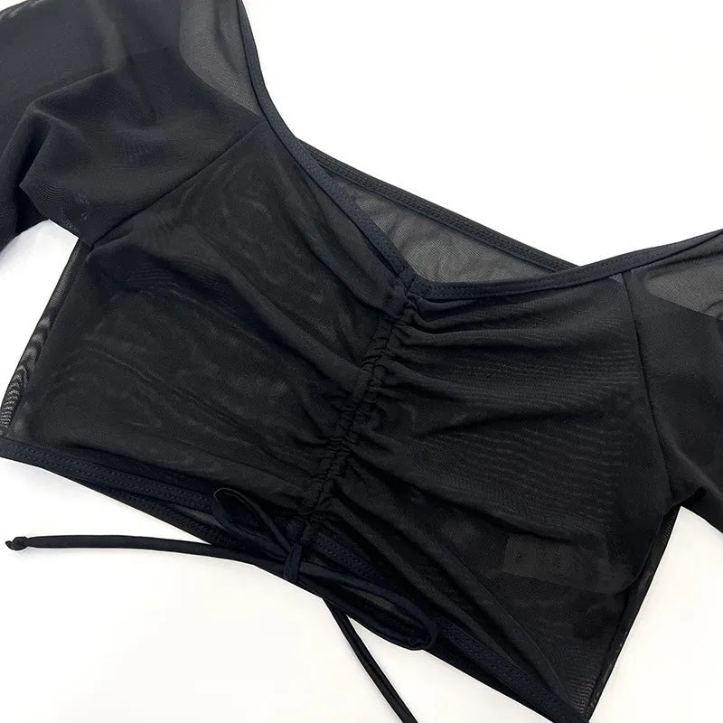 Black mesh women's bikini set with long sleeves and briefs style bottoms