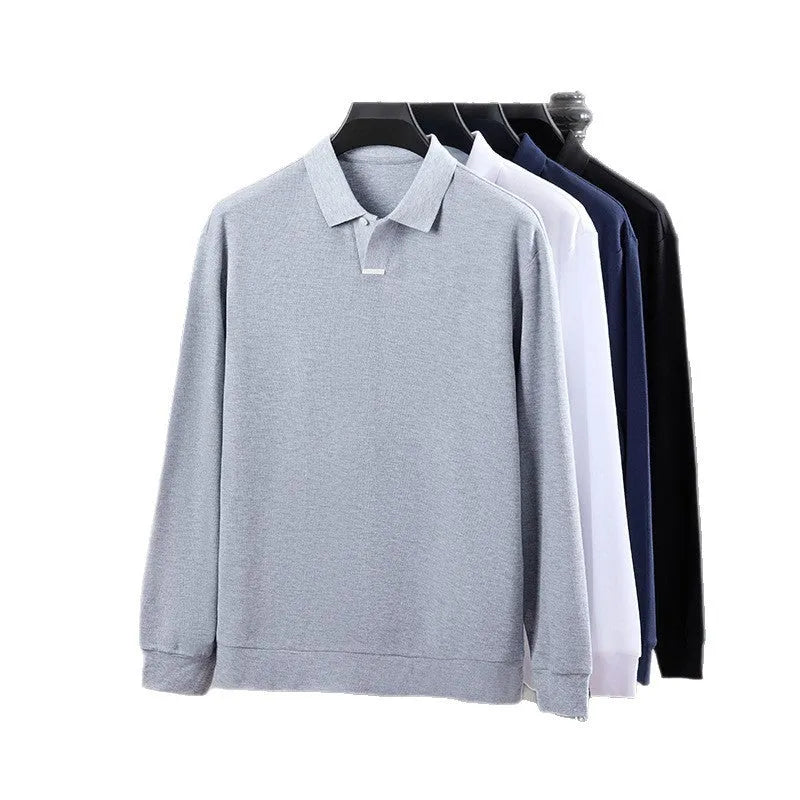 Men's grey cotton polo shirt with lapel collar and asymmetric design, shown in a loose fit.