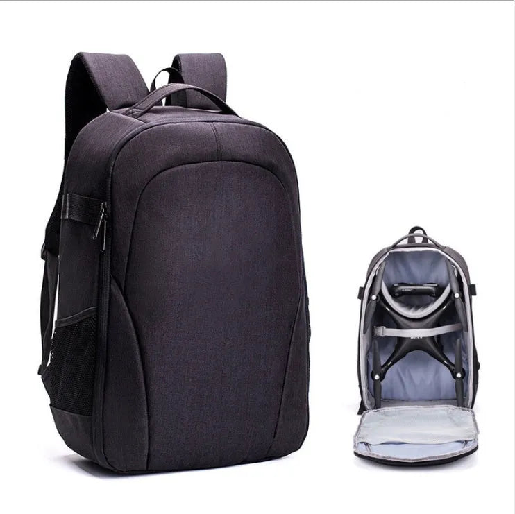Black Oxford cloth drone backpack with 52cm × 34cm × 23cm dimensions showing multiple internal compartments