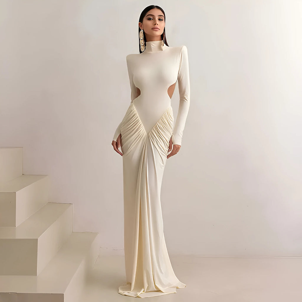 Women's long sleeve high collar slim fit dress with pleated backless design in multiple colour options