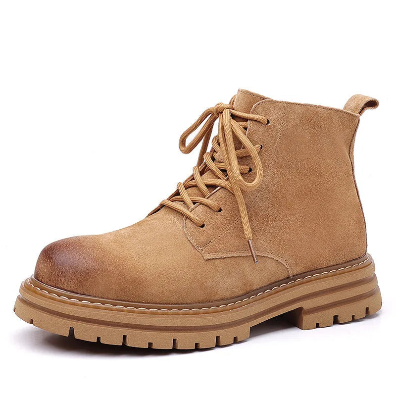 Men's camouflage high-top leather boots with zipper, low heel, round toe, and non-slip rubber sole in gray colour option