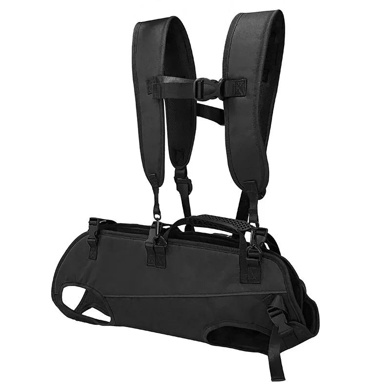 Multifunctional Oxford cloth pet backpack shown in black, designed for use as a backpack or an airborne walking stretcher.