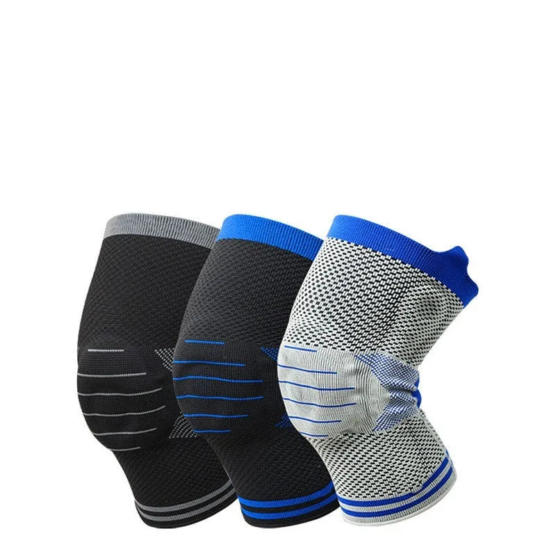 Silicone massage spring knee pad with shock absorber bar in cotton, shown in a two-tone colour option.