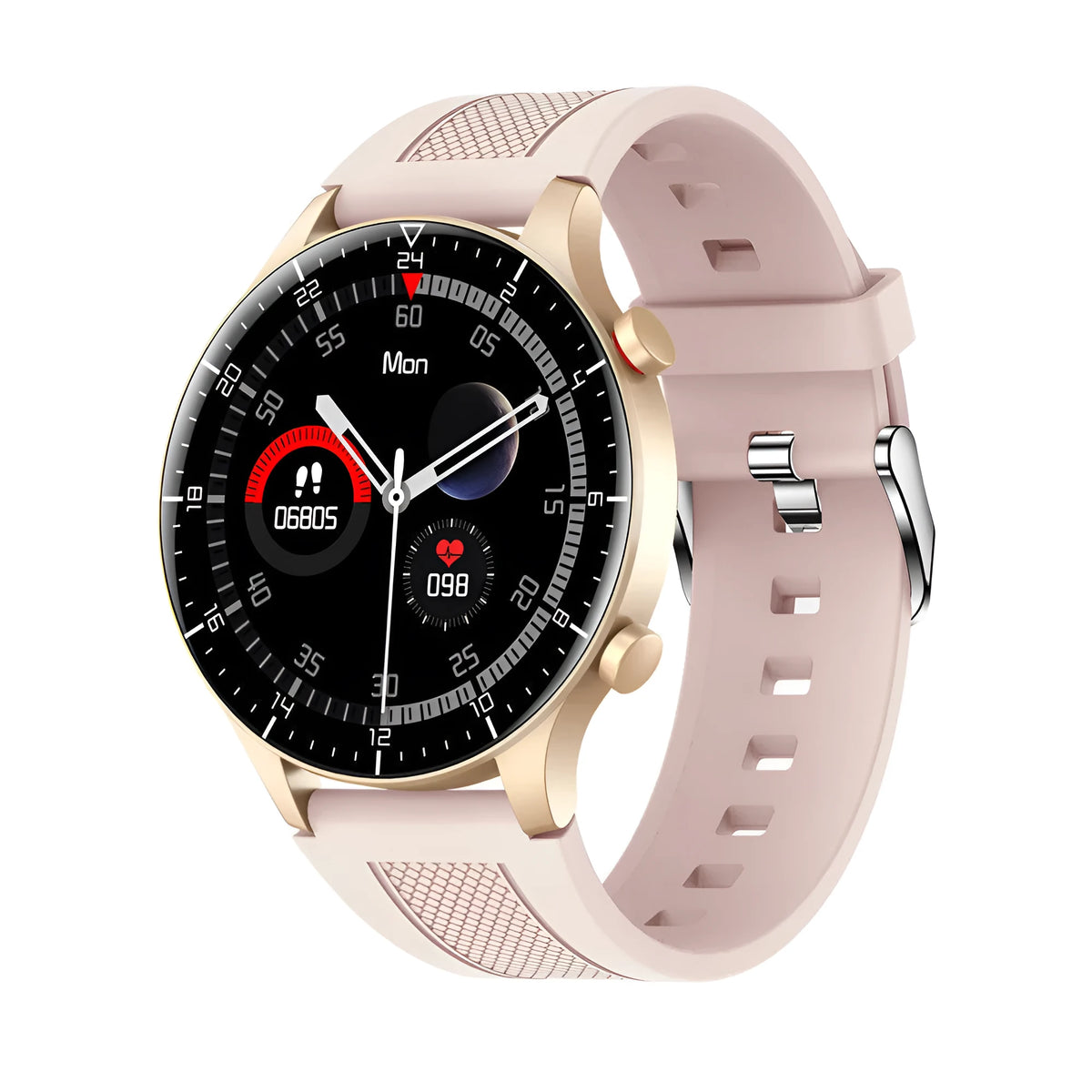 Pink smart watch with heart rate and blood oxygen monitoring on a TFT screen with silicone band and zinc alloy dial