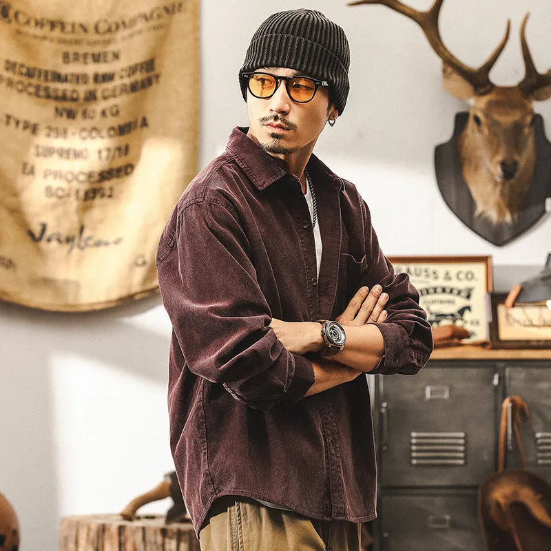 Men's retro-style corduroy casual jacket in red, shown in a loose long-sleeved fit.