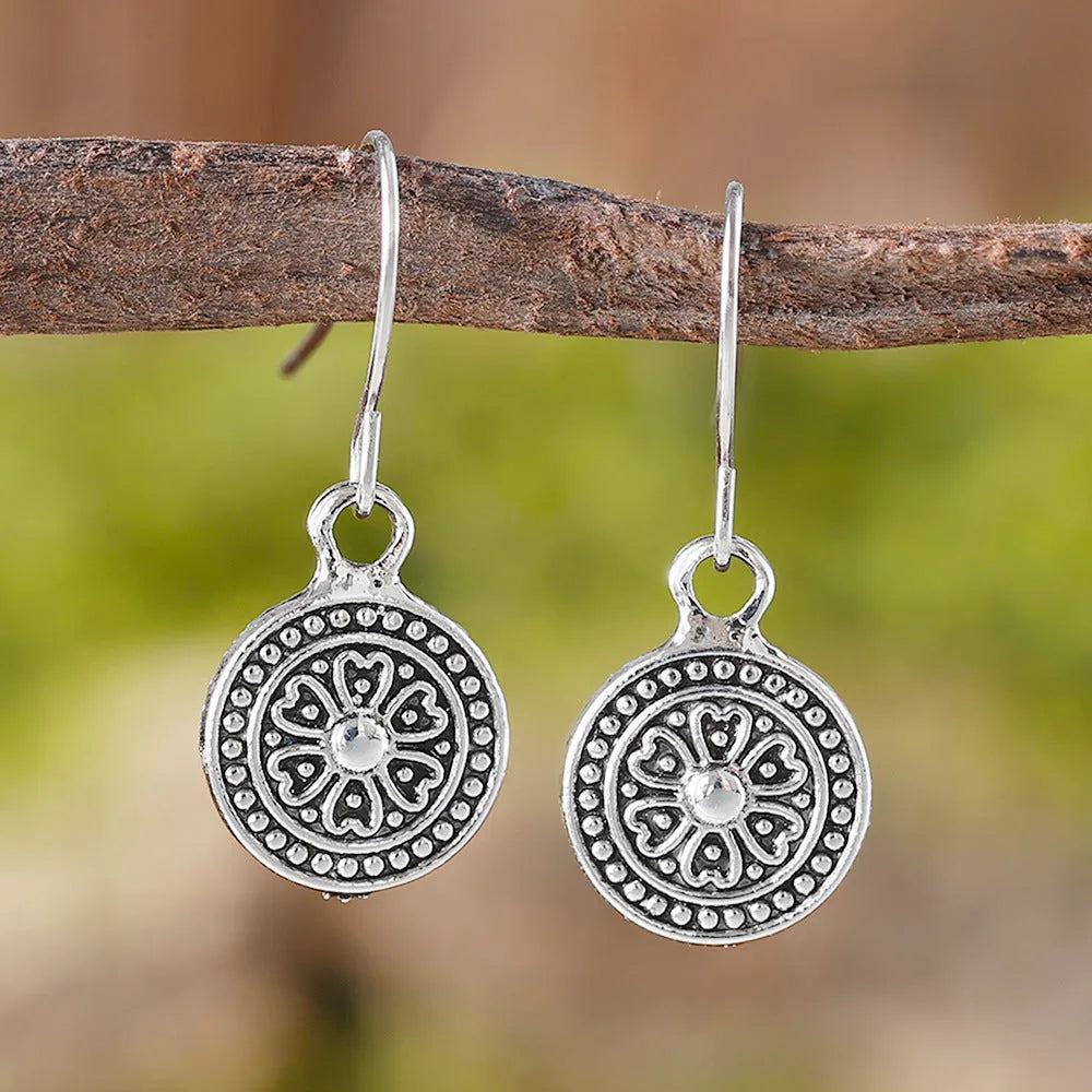 Bohemian style retro round print distressed ethnic earrings with geometric shapes in zinc alloy