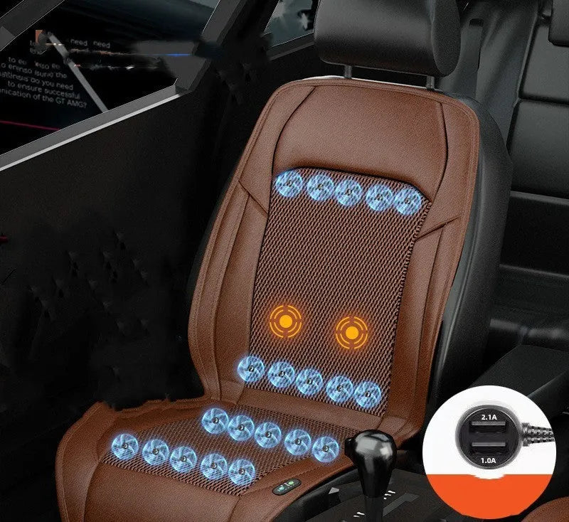 Black ventilated car seat cushion with multiple cooling fans, connected to a 12V car plug.