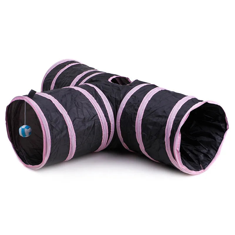 Foldable multi-channel pet tunnel in blue or pink for small pets, polyester and steel wire, indoor use