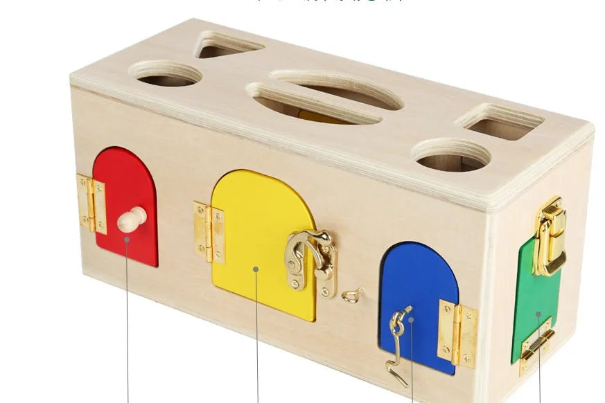 Wooden educational shape sorting lock box toy with coloured blocks for preschool children.