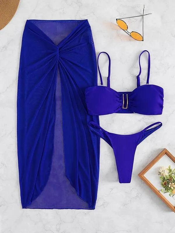 French-style multicolour bikini three-piece set with long culottes construction