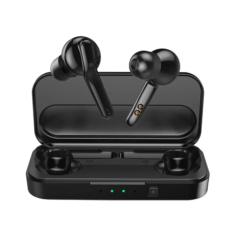 Black and white TWS wireless Bluetooth headphones with earbud design