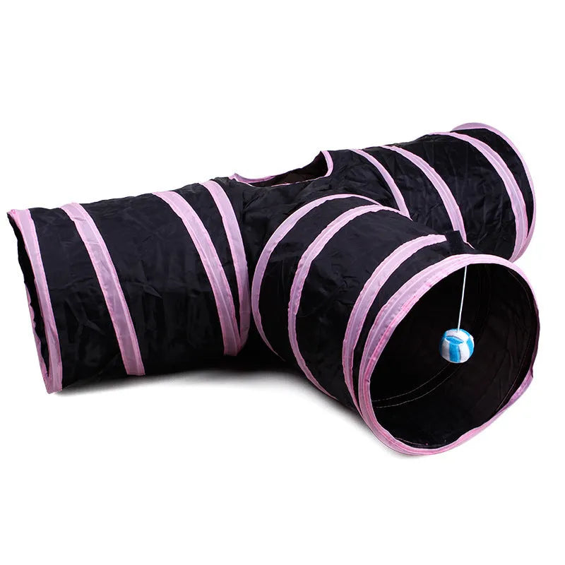 Foldable multi-channel pet tunnel in blue or pink for small pets, polyester and steel wire, indoor use