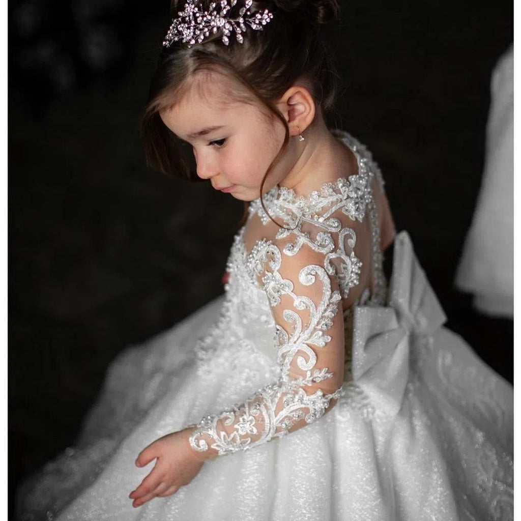 Ivory white princess dress with bow and tulle tutu skirt for girls