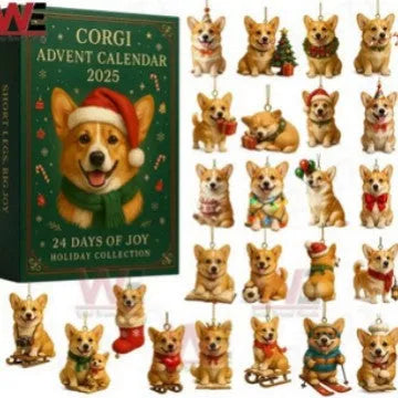 Acrylic hanging calendar with hole-punch design, Corgi Christmas Hat blind box style, 26x18x3cm, cartoon anime character.