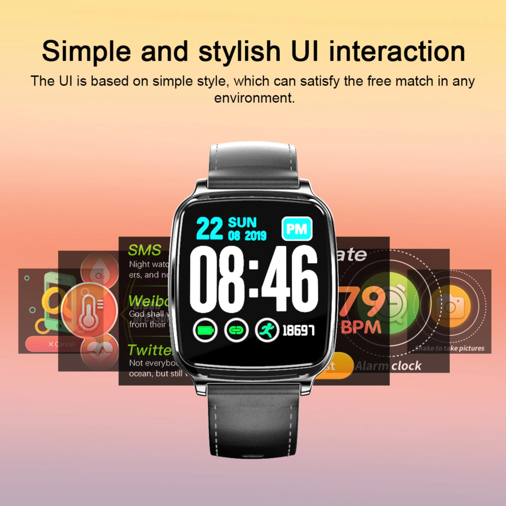 M8 smart fitness bracelet with touch screen shown in black, brown, gold, and silver colour options on a wrist.