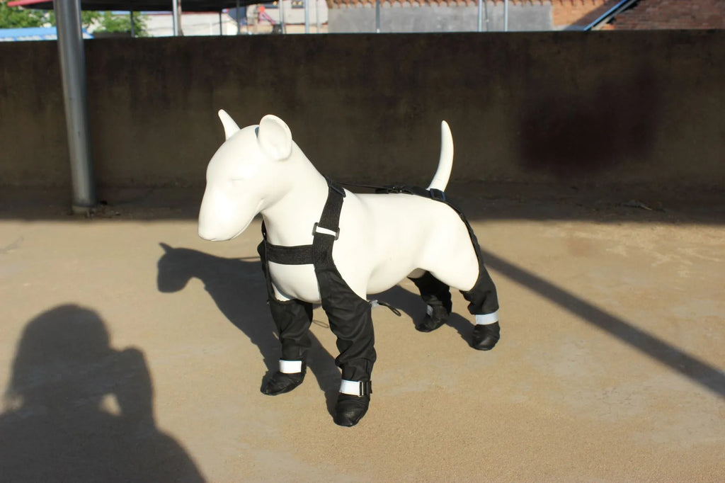 Black waterproof dog shoes with non-slip soles and adjustable strap in six sizes from XS to XXL