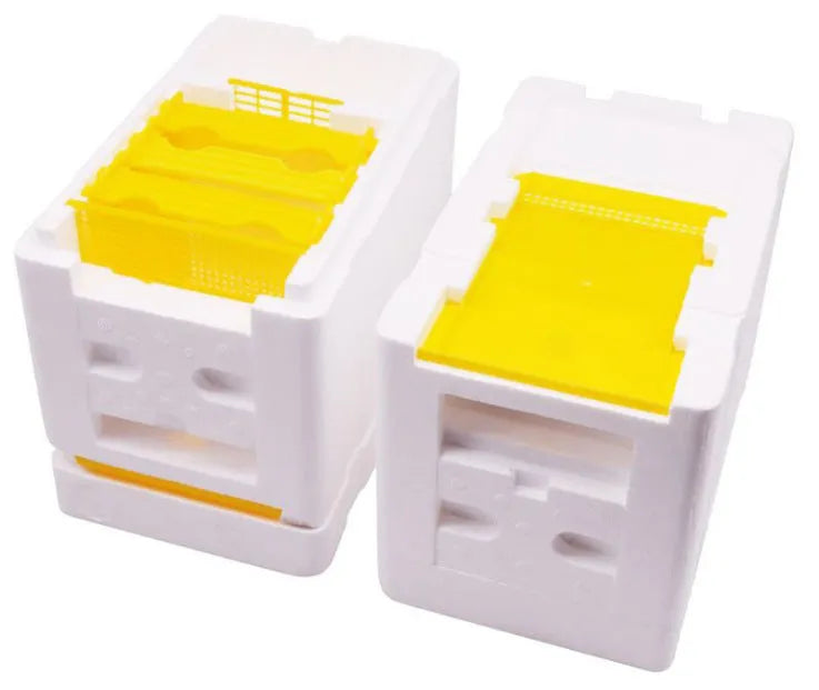 Three white EPS foam delivery boxes for beekeeping equipment transport and storage