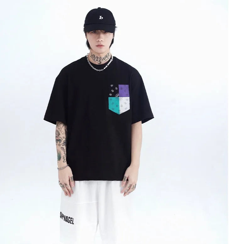 Men's loose cotton stripe printed short sleeve T-shirt pullover in black and white